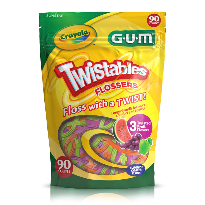 GUM Crayola Twistables Kids Flossers with Fluoride - Designed for Little Hands - Three Fun Fruit Flavors - Easy to Use Kids Floss Picks for Children Ages 3+, 90 Count 90 Count (Pack of 1) - BeesActive Australia