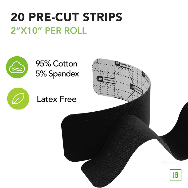 JB Tape Kinesiology Tape – 80 Precut 10-Inch Strips – Black – Elastic, Latex-Free, Water Resistant – Athletic Muscle & Joint Support – 4 Rolls Black Jet