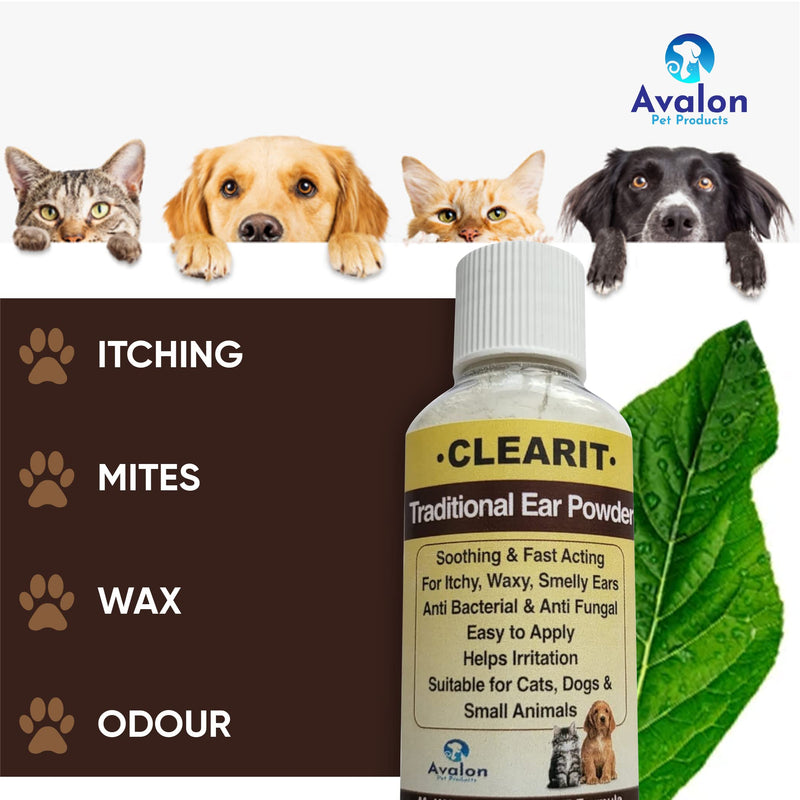 Avalon Pet Products CLEARIT 2 x 20G Ear Powder for Dogs & Cats – Anti Bacterial & Anti Fungal Powder Supports Yeast Control, Itching, Wax Build-Up & Odour - Helps Keep Ears Dry, Fresh & Comfortable 20 g (Pack of 2)