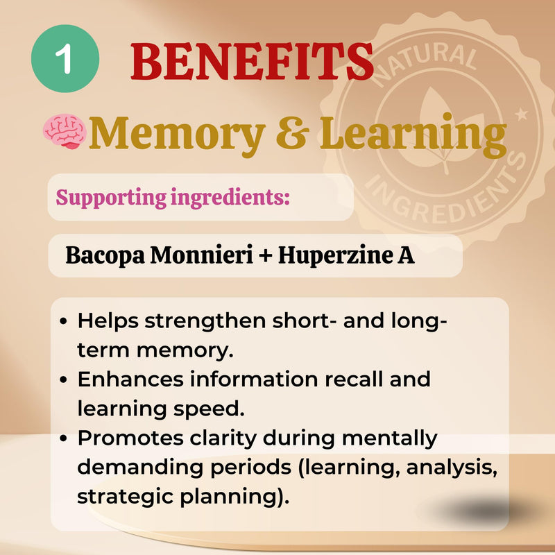Sun Vitals Core Mind – Nootropic Brain Supplement for Focus, Memory & Mental Clarity | DMAE, Bacopa Monnieri, Phosphatidylserine & Huperzine A | Non-Stimulant, Caffeine-Free | 60 Capsules