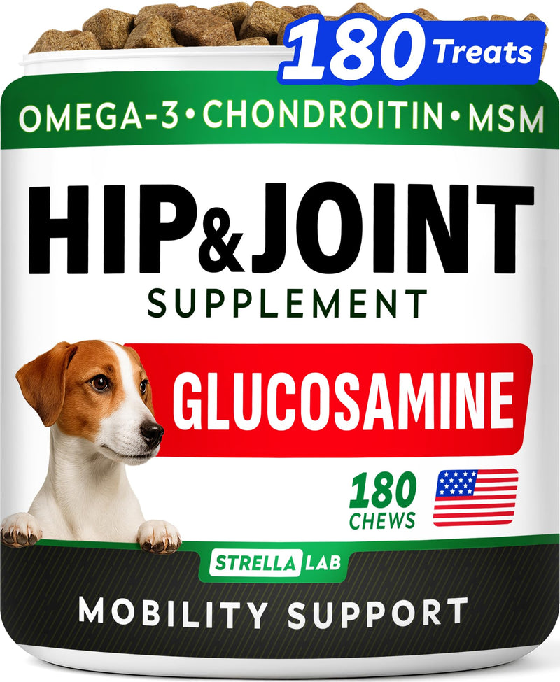 Glucosamine Treats for Dogs - Hip & Joint Supplement w/Omega-3 Fish Oil - Chondroitin, MSM - Advanced Mobility Chews - Joint Pain Relief - Hip & Joint Care - Bacon Flavor - 180 Ct - Made in USA 180Ct (Bacon)