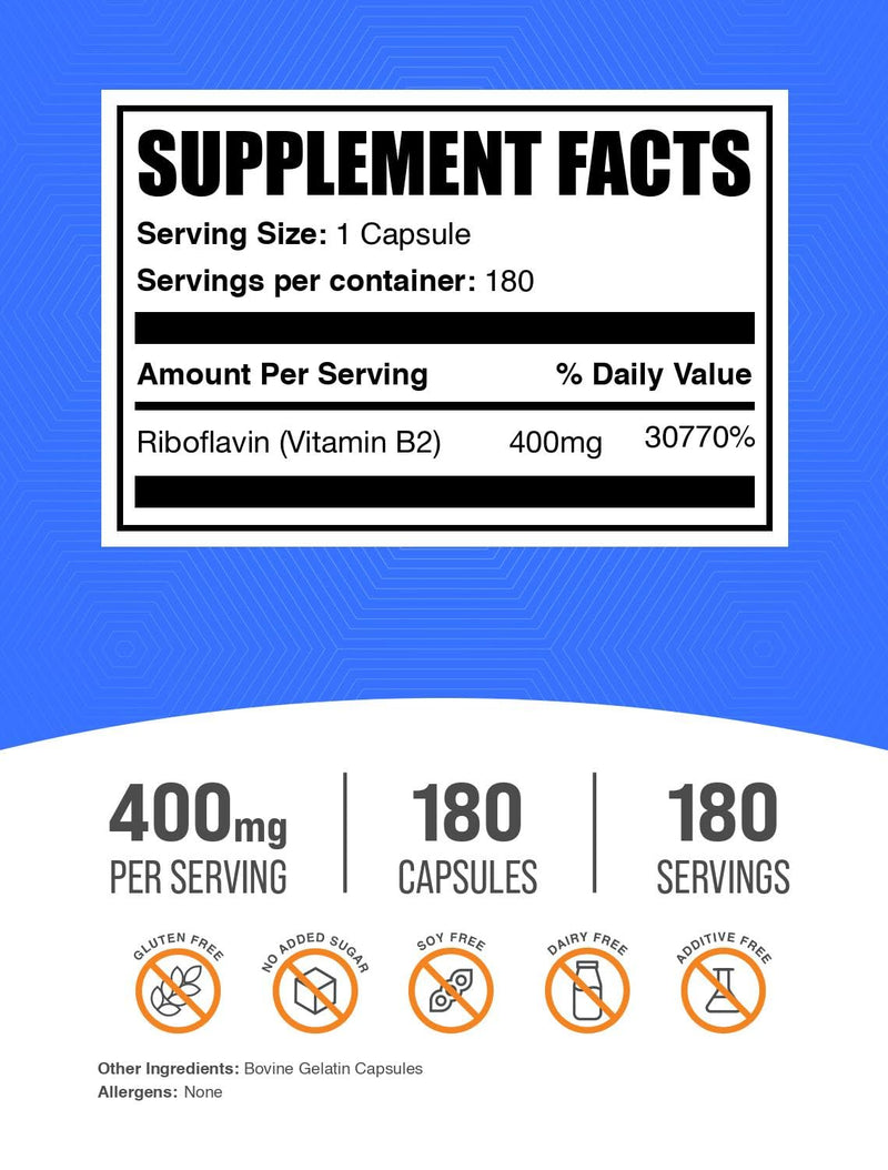 BulkSupplements.com Riboflavin Capsules - Vitamin B2 400 mg, Riboflavin 400mg - Essential B Vitamin, Gluten Free, 1 Capsule per Serving, 180 Capsules (Pack of 1) 180 Count (Pack of 1)