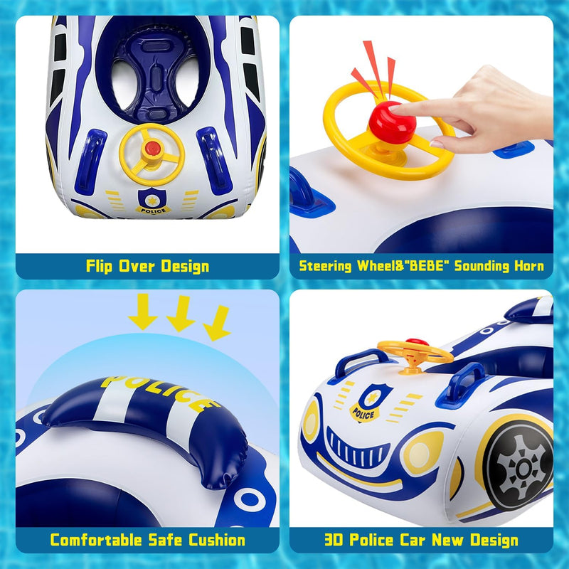 Baby Pool Float for Toddlers 12-48 Months 3D Car Inflatable Swim Float with Steering Wheel Heavy Duty 0.35mm PVC Infant Swim Pool Float Safe No Flip Swimming Toddler Floaties for Boys&Girls1-5 Years Blue&White