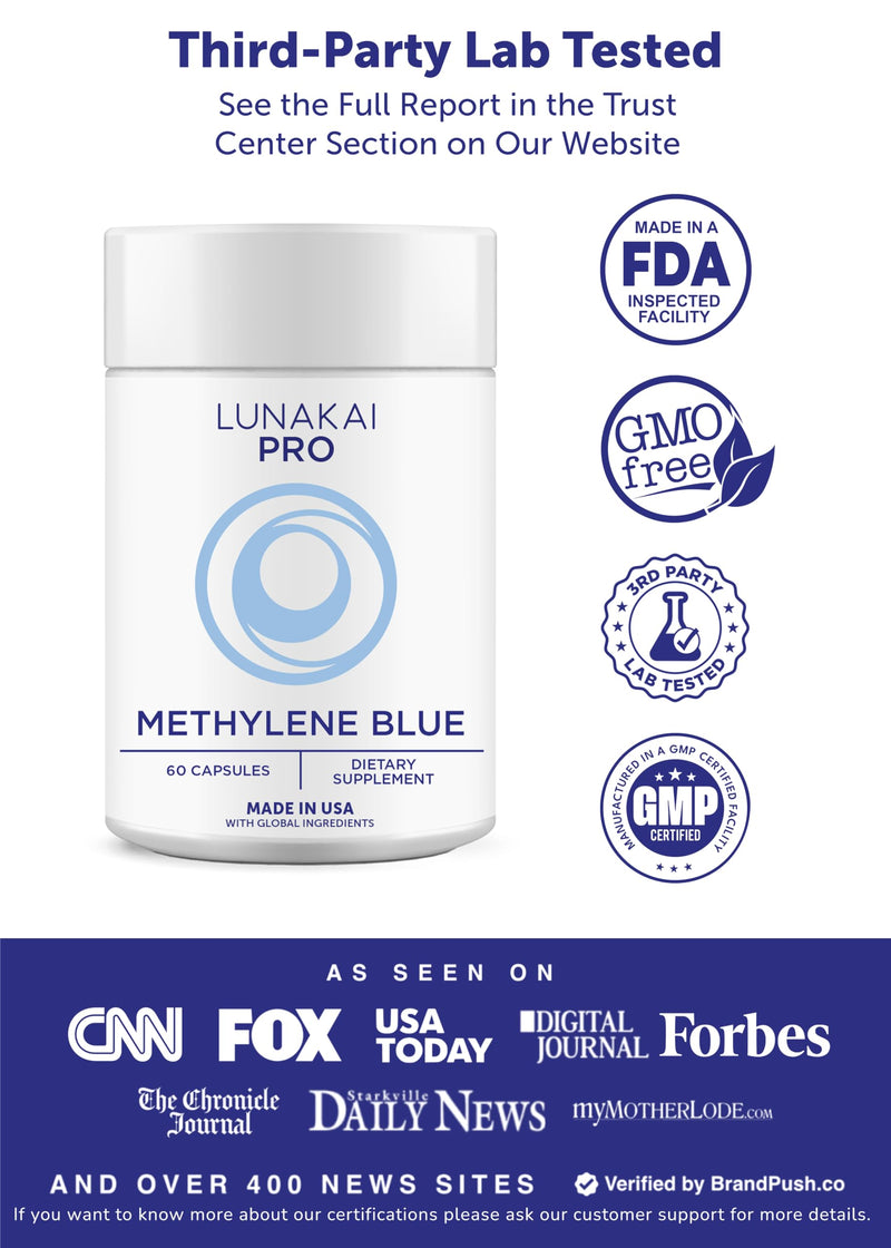 Lunakai USA Made USP Grade Methylene Blue Capsules with Vitamin C, B6, B12 – 3rd-Party Tested Daily Wellness Support Supplement, 60ct