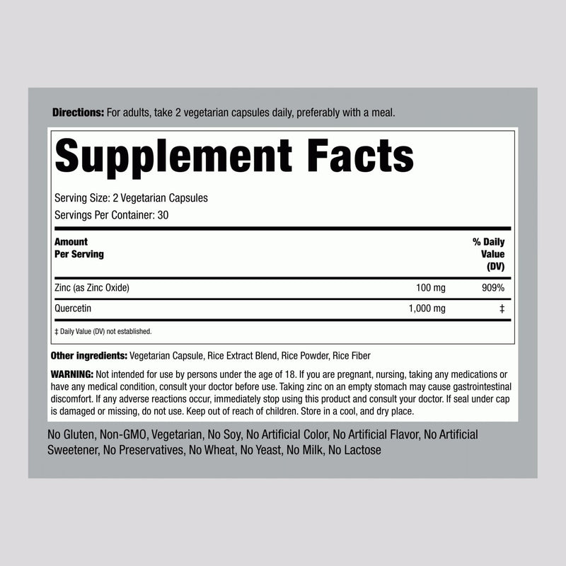 Piping Rock Quercetin Zinc Complex 1100 mg | 60 Capsules | Potent Flavonoid | Non-GMO, Gluten Free Supplement