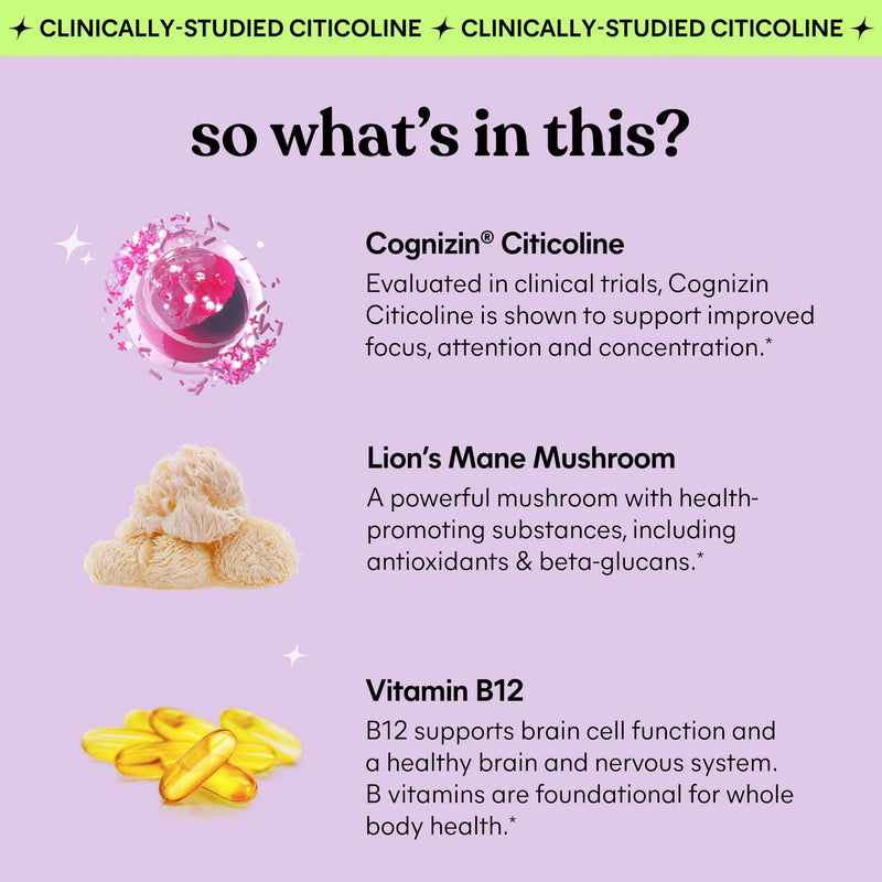 Lemme Focus Concentration & Brain Health Gummies with Cognizin Citicoline, Lion's Mane Mushroom, Vitamin B12 to Support Focus + Concentration - Gluten Free, Caffeine Free, Strawberry (50 Count) - BeesActive Australia