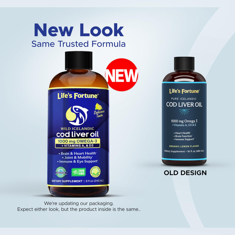 Life's Fortune Cod Liver Oil Liquid Organic Lemon Flavor (8 Oz) 1,000 mg Omega + Vitamin A, E & D3 - Supports Immune Health - 100% Fish Oil Supplement from Wild Ocean Cod-GMO Free 8 Fl Oz (Pack of 1)