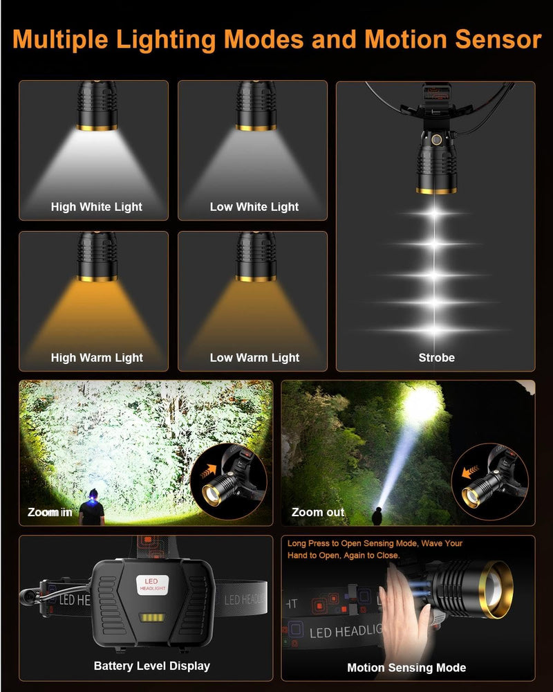 SKYFIRE Headlamp Rechargeable 3000 High Lumens, 13 Mode LED 7500mAh Head Light with Motion Sensor, Zoomable 90° Adjustable Waterproof Head Light for Adults, Camping, Hiking, Fishing, Running, Cycling Black and Gold