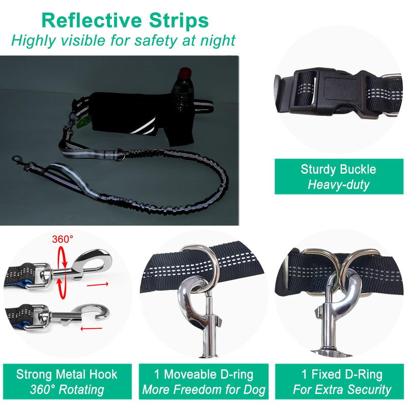 Hands Free Dog Leash with Pouch, Waist Leash for Dog Walking with Water Bottle Holder, Reflective Stitching, Dual Handle, Bungee Retractable Running Medium to Large Black 25-120 lbs Black- With Water Bottle Holder For 1 Dog
