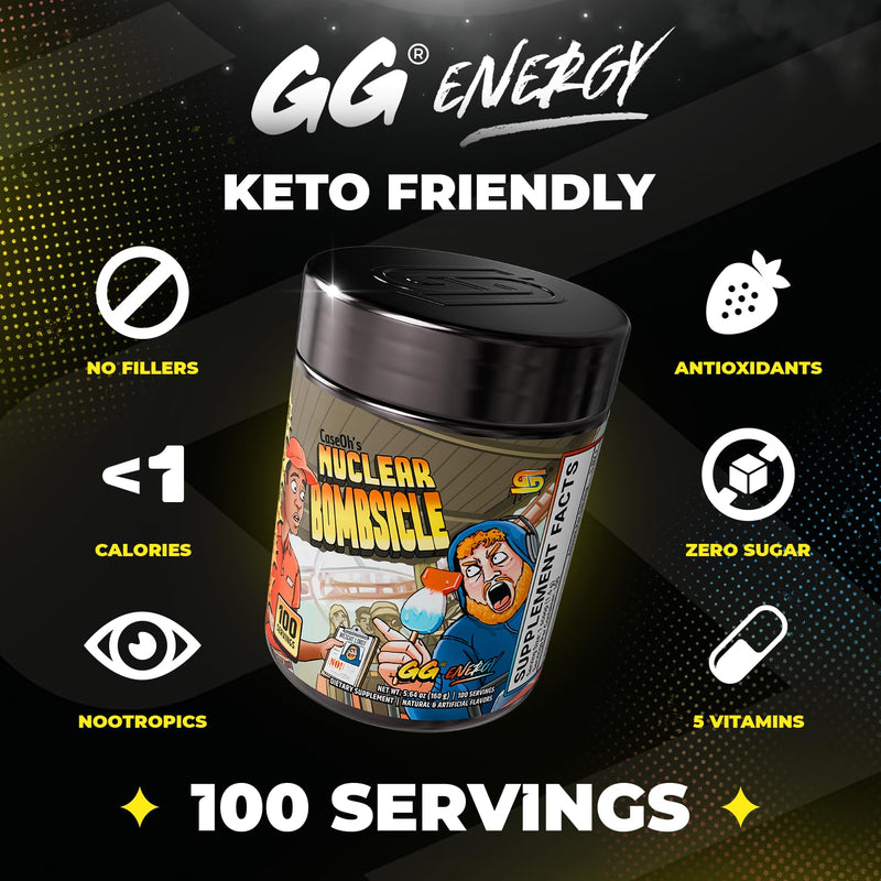 Gamer Supps GG Energy - CaseOh's Nuclear Bombsicle by CaseOh (100 Servings) - Keto Friendly Gaming Energy and Nootropic Blend, Sugar Free + Caffeine + Vitamins + Immune Support, Powder Drink