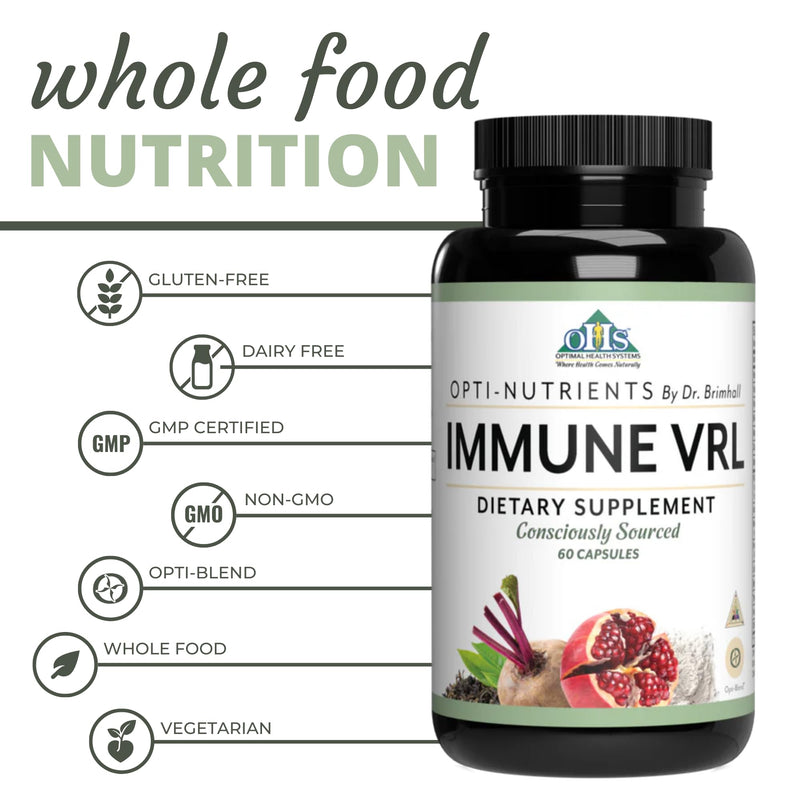 Optimal Health Systems Immune VRL Whole Food Immune Support, 60 Capsules | Whole food immune support, elderberry, olive leaf, garlic, green tea, thymus, spleen and lymph support, non-GMO, gluten-free