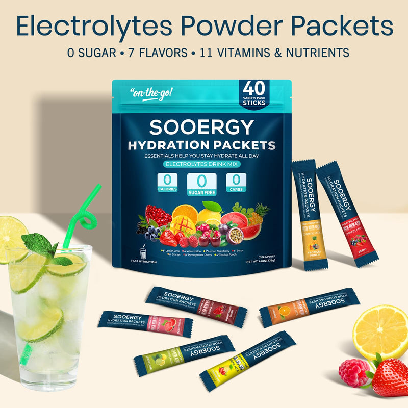 Electrolytes Powder Packets Sugar Free Hydration Packets, 7 Flavors Liquid Daily IV Electrolyte Drink Mixex for Rehydration with Electrolytes, Vitamins, 0 Calorie, 40 Sticks Variety Pack 0.06 Ounce (Pack of 40)