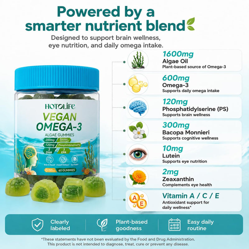 Omega 3 Gummies for Women Men Kids, 600mg Brain & Eye Support, Algae, 90Ct | Plant-Based Algae DHA EPA with Orange Flavor, Lutein, Zeaxanthin, Vitamins A C E, PS and Bacopa for 2-Gummy Daily Routine