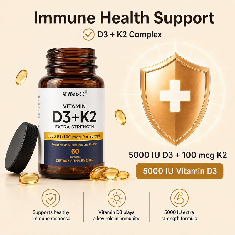 Vitamin d3 k2 Supplement (5000 IU D3+K2 | 100mcg MK7), Vitamin D Softgels with Coconut Oil, K2 D3 Vitamins for Bone & Immune Support, Extra Strength, Easy to Swallow