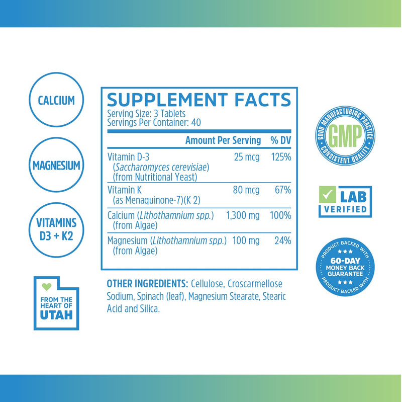 Zhou Calcium Greens - Calcium Supplements for Women & Men - 120 Tablets | Bone Strength Support Supplement with Vitamin D3, Bone Support with Algae & Vitamin K2 & D, Plant Based