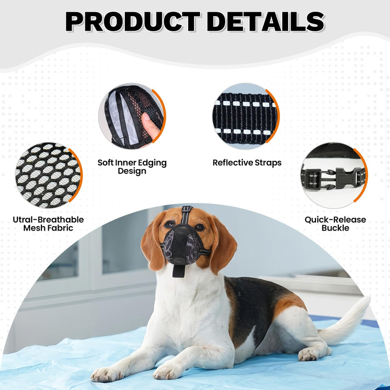 Pezluxe Dog Muzzle, Mesh Soft Muzzle for Small Medium Large Sized Dogs, Breathable Reflective Adjustable Dog Mouth Guard for Scavenging Grooming Biting Chewing Walking Vet Visits, Black, 2XL