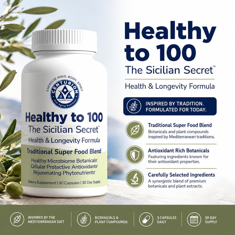 Centurion Healthy to 100 | Mediterranean Superfood & Antioxidant Blend | Bergamot, Resveratrol, Pomegranate, Olive Leaf & Lycopene | Daily Wellness & Healthy Aging Support | 90 Capsules