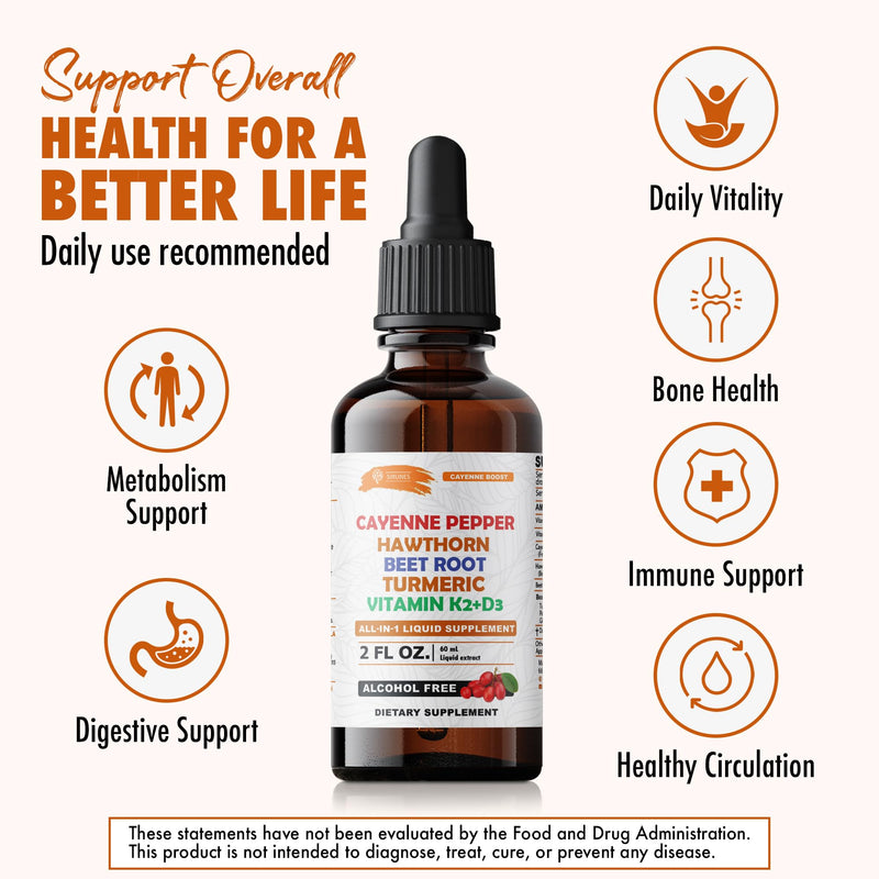 Cayenne Pepper Drops with Hawthorn Beet Root Turmeric Vitamin K2+D3 Liquid Supplement, Alcohol Free, 2 FL OZ, 60 Servings