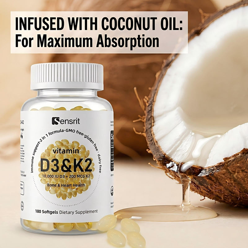 Vitamin D3 K2 Supplement 10,000 IU - High Potency Vitamin D3 with 200 mcg Vitamin K2 MK7-180 Small Softgels for Bone Health, Heart Support & Immune Boost - Non-GMO & Gluten-Free