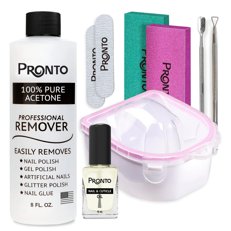 Pronto Gel Nail Polish Remover Kit – 8 Oz Pure Acetone 100 Percent, Nail File, Nail Polish Soak Off Bowl, Cuticle Oil for Nail Care + Manicure Set with Nail Buffer Block, Cuticle Pusher & Nail scraper 8 Fl Oz + Kit Bowl