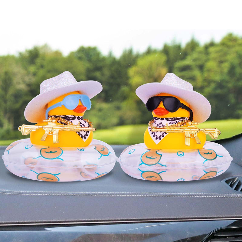 Rubber Duck for Car Dashboard, Cowboy Duck Car Dashboard Decoration Car Duck Ornament Accessories with Mini Swim Ring Glitter Cowboy Hat Scarf Necklace and Sunglasses(B-G5)