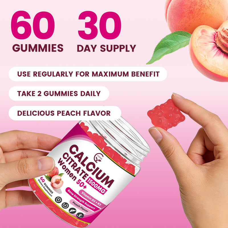 Calcium Citrate 1500 mg with Vitamin D3 K2 Gummies for Women 50 Plus, High Absorption Calcium Supplements for Bone & Teeth Support - Easy to Digest, Sugar Free, Vegan, Peach Flavor, 60 Count