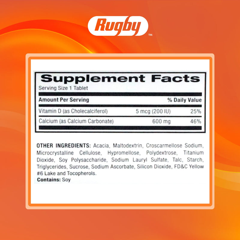 Rugby Calcium 600 mg + Vitamin D3 200IU (5 mcg) Tablets, 60 Count | Gluten-Free Dietary Supplement for Bone Health and Calcium Absorption, No Artificial Colors, Flavors and Preservatives