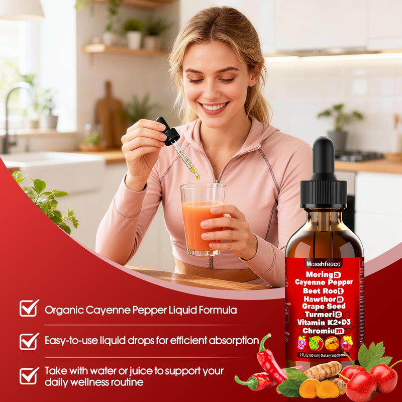Cayenne Pepper Drops Supplement - Liquid Herbal Formula with Hawthorne Berry, Moringa, Ceylon Cinnamon, Vitamin D3, K2, Beet Root, Turmeric, Grape Seed & L-Arginine | Plant Based for Men & Women 60ML 2 Fl Oz (Pack of 1)