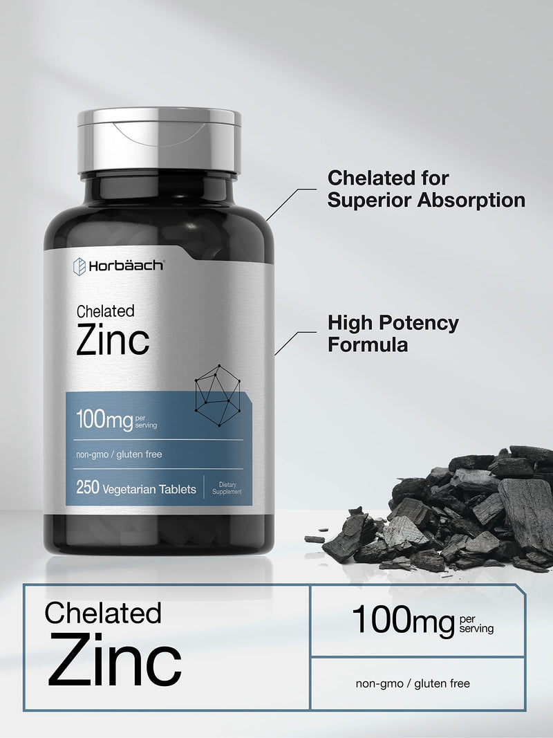 Horbäach Chelated Zinc Supplement 100mg | 250 Tablets | High Potency & Superior Absorption | Vegetarian, Non-GMO, Gluten Free - BeesActive Australia