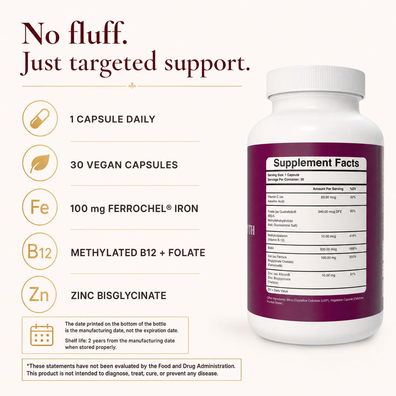 Ferritin Iron Supplement for Women - Hair Growth, Vitamin C, Vegan | 100mg Ferrochel iron, zinc, biotin, vitamin C. Phase 1 of a two-phase system for women with low ferritin. Vegan, 30 ct.