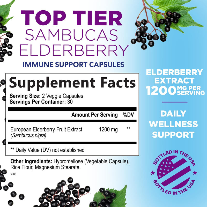 European Elderberry Fruit Extract 1200mg Per Serving Capsules - Sambucus Immune Support with Concentrated Sambucus Black Elderberry Extract, Antioxidant Vitamin Supplement, USA Bottled - 60 Capsules 60 Count (Pack of 1)