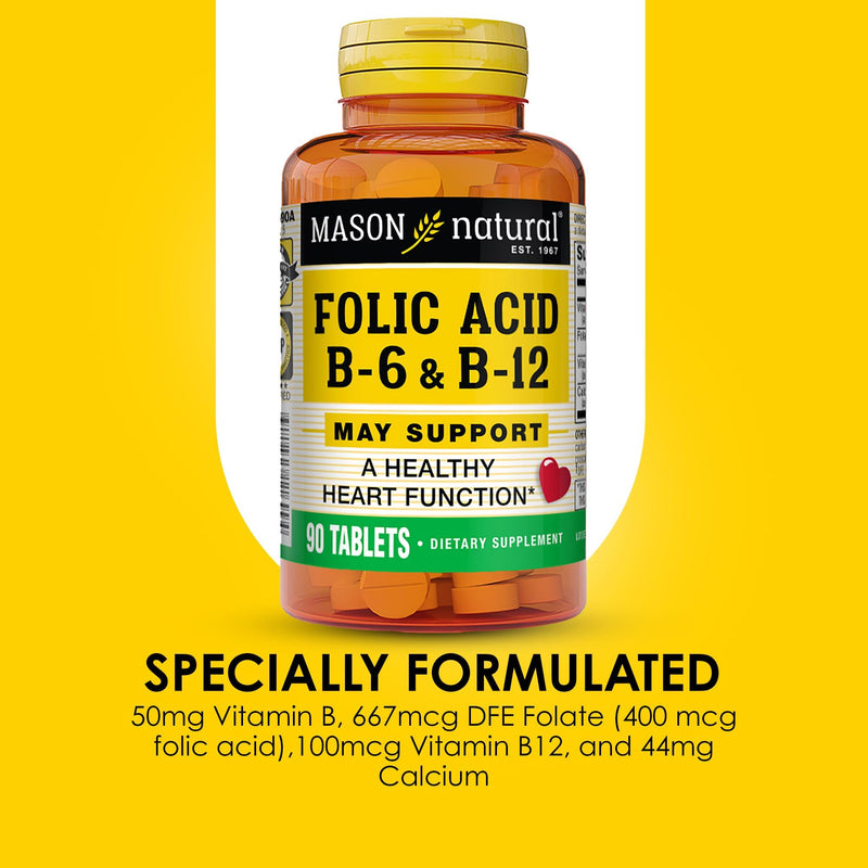 MASON NATURAL Folic Acid with B,6 & B,12, 90 Day Supply, Supports Normal Heart Health and Metabolic Function 90 Count (Pack of 1)