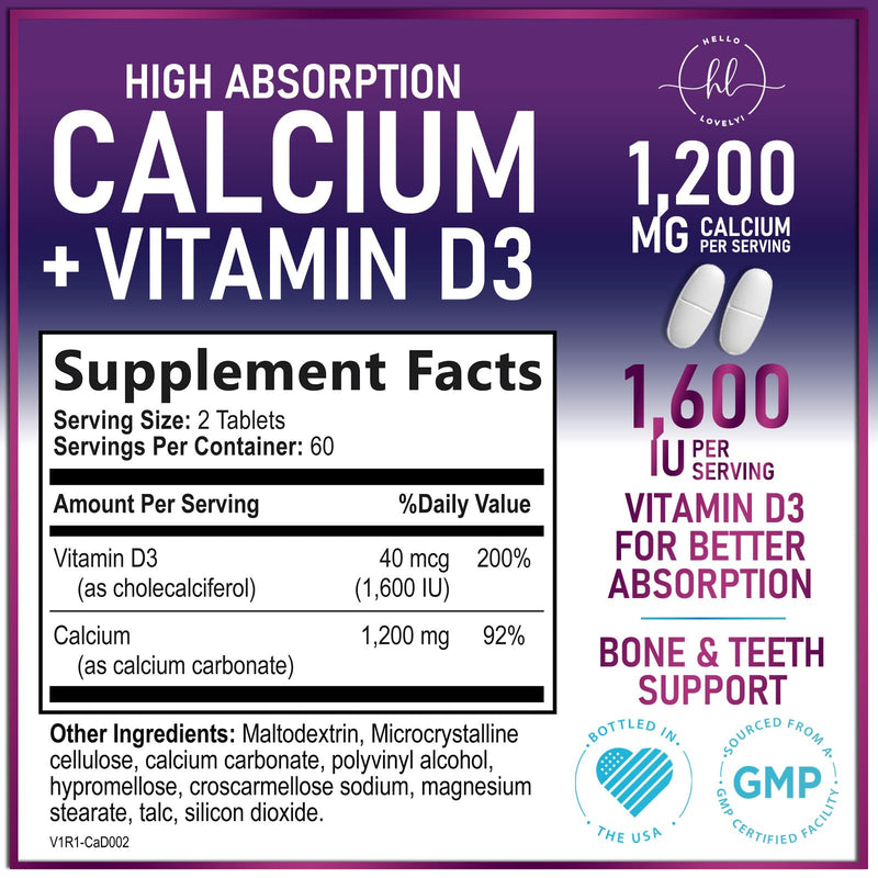 Calcium 1200 mg per Serving with Vitamin D3 - Bone Health Support Supplement, Calcium Supplements for Women & Men - Bone Strength, Teeth, Immune Support, Calcium Carbonate, USA Bottled - 120 Tablets 120 Count (Pack of 1)