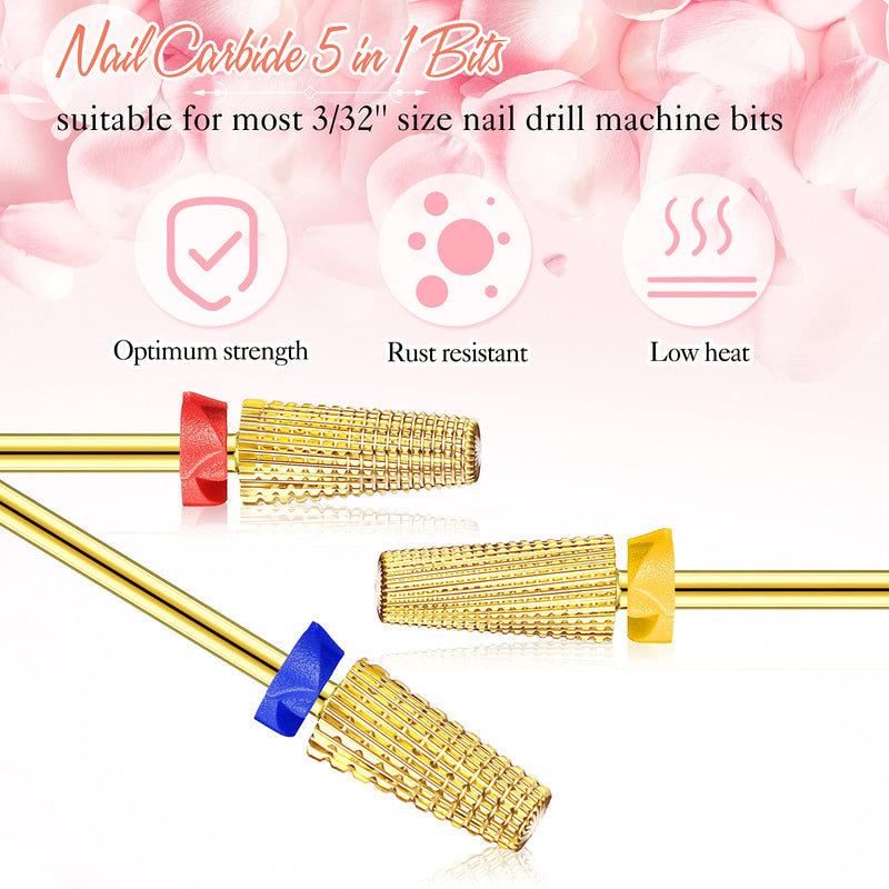 Honoson 3 Pcs Carbide Nail Drill Bits 5-in-1 Fast Gel & Acrylic Removal, Two-way Rotate for Left & Right Handed Xf, F, M, 3/32 Inch Professional Manicure Tool(Gold) Gold - BeesActive Australia