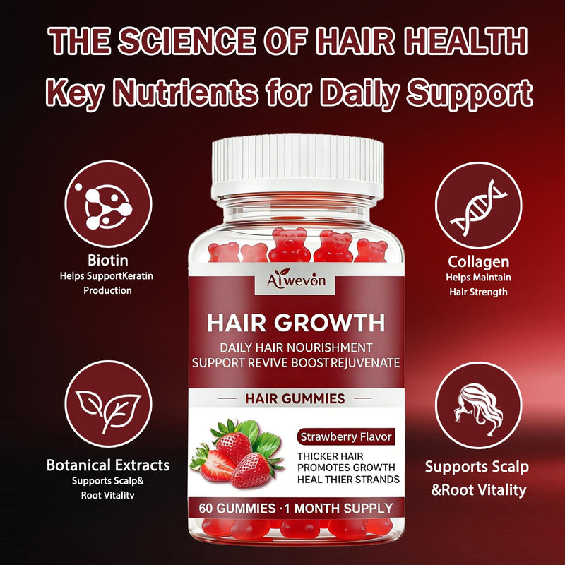 Hair Growth Gummies for Women & Men, Biotin & Silica Hair Vitamins, Daily Hair Nourishment Support for Thicker Looking Hair, Hair Skin and Nails Gummies, Non-GMO, Strawberry Flavor, 60 Gummies