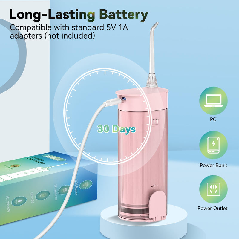 Mini Water Flosser for Teeth,Travel Dental Flosser Picks, Portable Oral Irrigator with Telescopic Water Tank, 5 Modes IPX7 Waterproof Tooth Flosser for Brace, Sensitive Teeth, with Storage Bag Pink