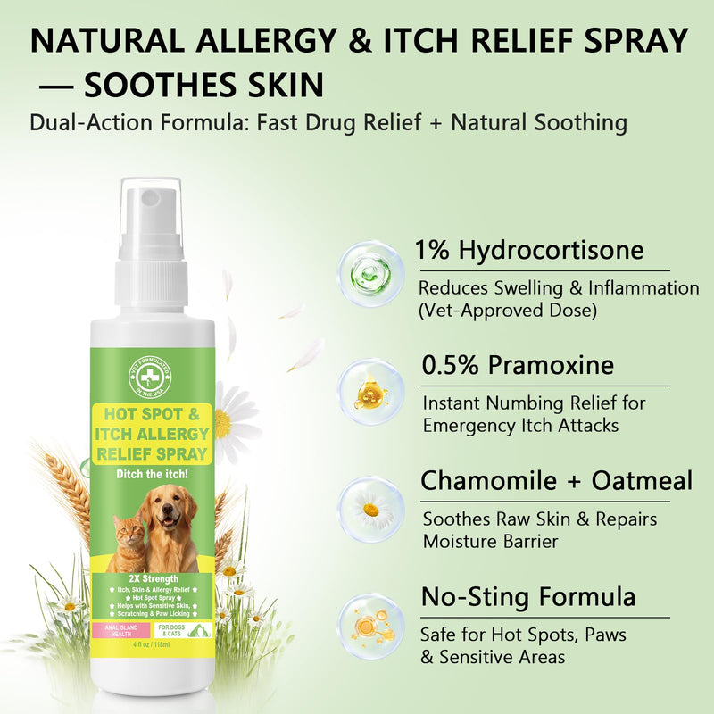 Hot Spot & Itch Relief Spray for Dogs & Cats – Itch Relief Spray with Chamomile & Oatmeal, Soothes Sensitive Skin, Scratching & Paw Licking, All Ages & Breeds, 4 oz