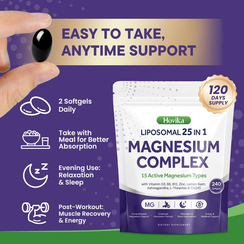 25 in 1 Liposomal Magnesium Complex Contains Magnesium Glycinate, Citrate, Malate & More with D3, B6, Zinc, L-Theanine, Ashwagandha & CoQ10 Supports Muscle, Sleep, Nerves & Stress Relief, 240 Softgels 240 Count (Pack of 1)