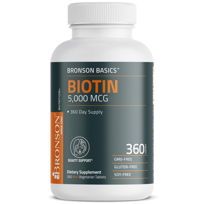 Bronson Biotin 5,000mcg Hair Skin and Nails Vitamins, 360 Tablets | Vegetarian Beauty Support, Non-GMO, Gluten-Free, Soy-Free, Supports Healthy Hair, Skin and Nails