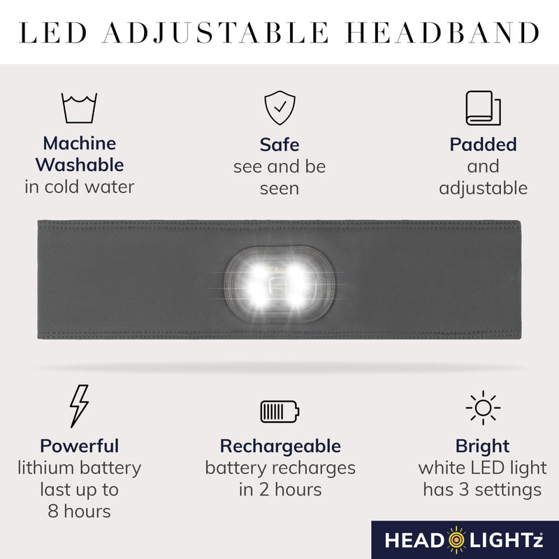 HEAD LIGHTZ by Roq Innovation - Flashlight Adjustable Padded Headband with Light - LED Headlamp - Headband Lights for Forehead - Unisex, Rechargeable, Gray