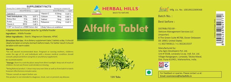 HERBAL HILLS Alfalfa Tablets | 120 Count | Source of Vitamin A | Natural Green Superfoods 120 Count (Pack of 1)