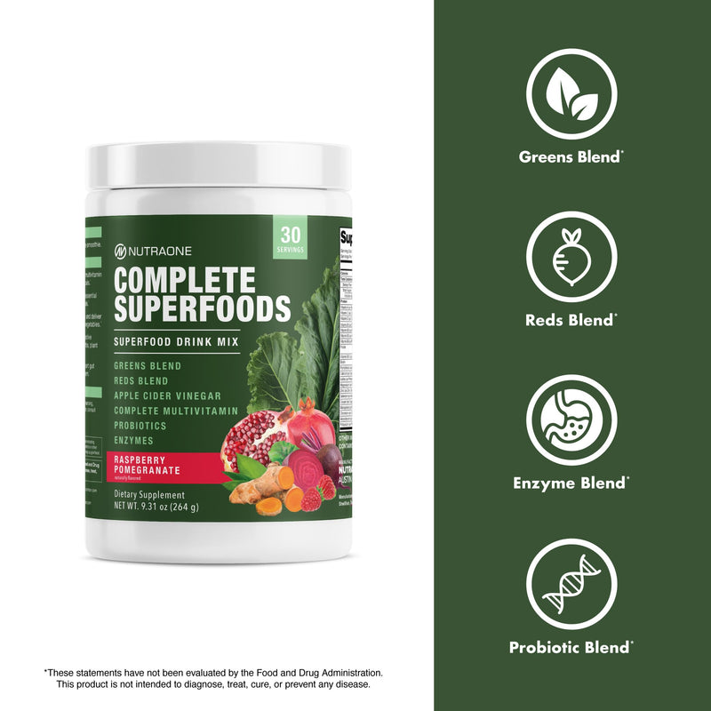 Complete Superfoods, Greens & Reds Blend*, Apple Cider Vinegar, Digestive Enzyme Blend*, Probiotic Blend*, Multivitamin* (Raspberry Pomegranate - 30 Servings)