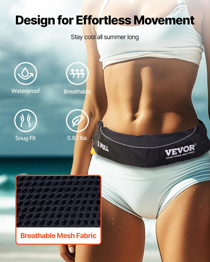 VEVOR Manual Inflatable Belt Pack for Adults, 105N Buoyancy, Over 80 Pounds and Up to 59 in Waist Adjustable, Inflatable PFD Waist for SUP Paddelboarding, Kayaking (CO2 Cylinder Not Included) Black