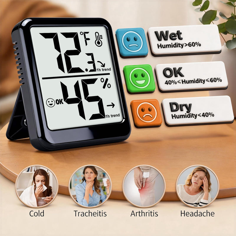 4-Pack Room Thermometer Indoor Hygrometer, Small Digital Temperature and Humidity Monitor Sensor, Temperature Humidity Gauge Meter for Home Baby Room, Plants, Pets - AAA Battery Included Black - Upgraded Version - BeesActive Australia