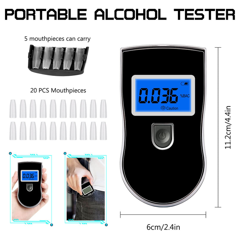 Alcohol Breathalyzer, Professional Grade Accuracy Alcohol Breath Tester for BAC Testing, Portable Blood Alcohol Tester with 20 Mouthpieces & Digital Blue LCD Display for Personal Home Use Black - BeesActive Australia