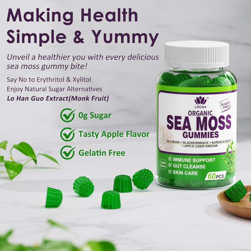 (2 Pack) Sea Moss Gummies - Irish Sea Moss Gummies for Adults & Kids - Advanced Superfood Seamoss Supplement + Bladderwrack, Burdock Root Extract，ACV for Daily Immune, Gut Cleanse, Vegan, Sugar Free 60 Count (Pack of 2)