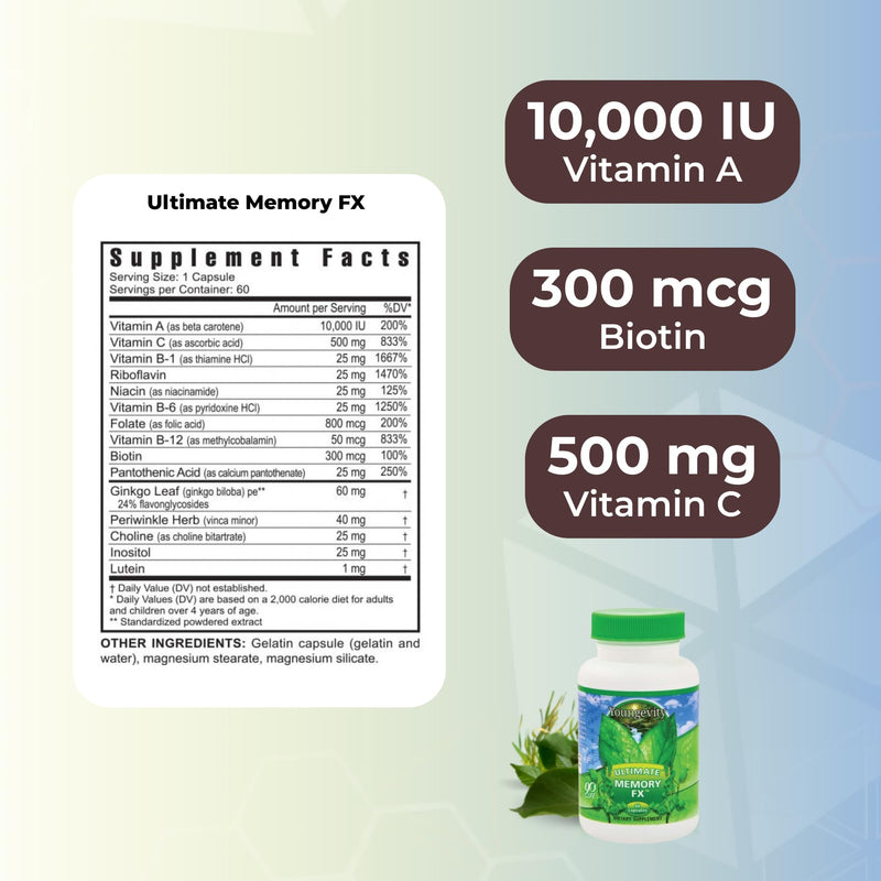 Youngevity Ultimate Memory FX Brain Health and Memory Support, 60 Capsules | Ginkgo leaf, periwinkle herb, vitamins B1, B2, B6, B12 and C, brain function, memory retention, cognitive health, 60 capsules