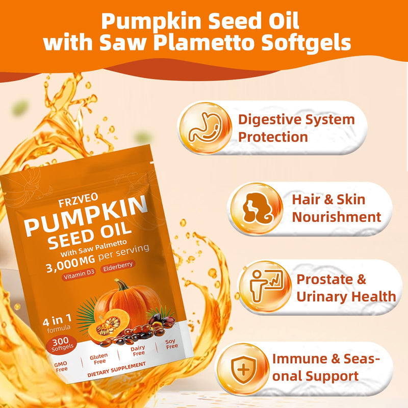 300 Capsules Cold Pressed Pumpkin Seed Oil with Saw Palmetto, Vitamin D3 & Elderberry – Virgin Oil, Supports Prostate, Hair & Urinary Health (Aceite de Semilla de Calabaza)