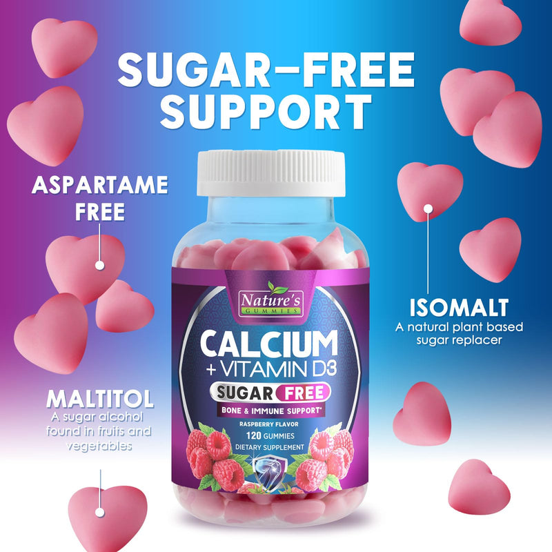 Calcium Supplement Gummies - Sugar Free Calcium Gummy with Vitamin D3 for Best Absorption - Supports Immune Health, Bones & Teeth - Nature's Calcium Chews for Women & Men - Berry Flavor - 120 Gummies 120 Count (Pack of 1)