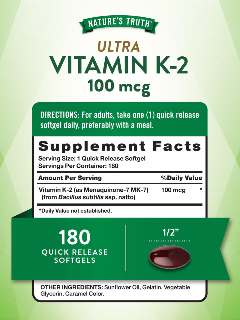 Nature's Truth Vitamin K2 MK7 Complex | 100 mcg | 180 Softgels | Non-GMO & Gluten Free Supplement - BeesActive Australia